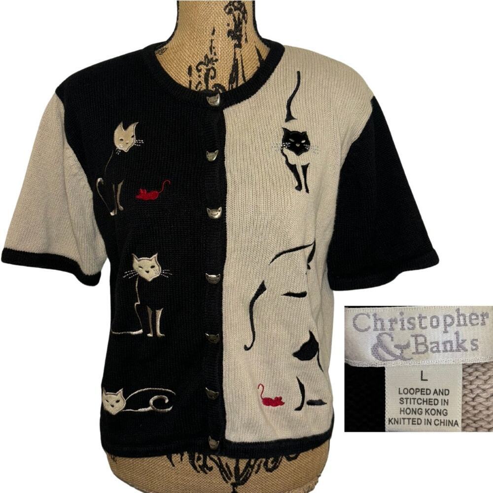 Y2k Christopher & Banks Short Sleeve Cat Cardigan Tan Black Size Large Vintage